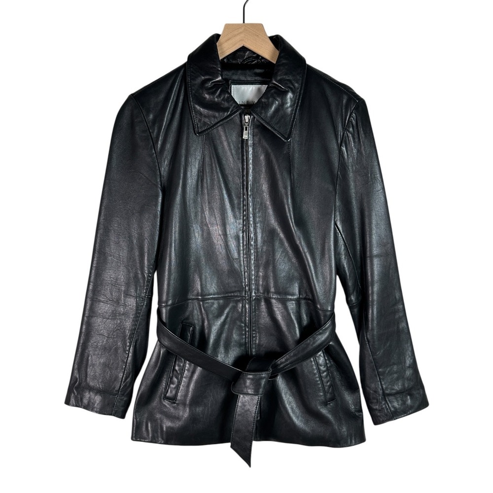 Nine West Leather Jacket Women Small Black Belted Zip Up Moto Trench Coat